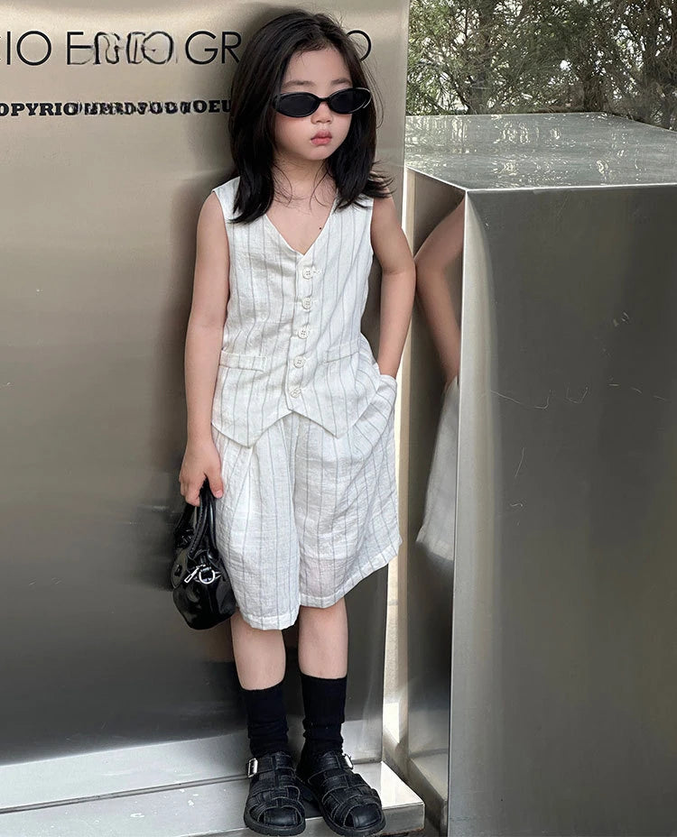 Kids White Vest Set Boys Girls Floral Decor V-Neck Waistcoat Shorts Pants Toddler Summer Formal Party Gentleman Casual Outfit