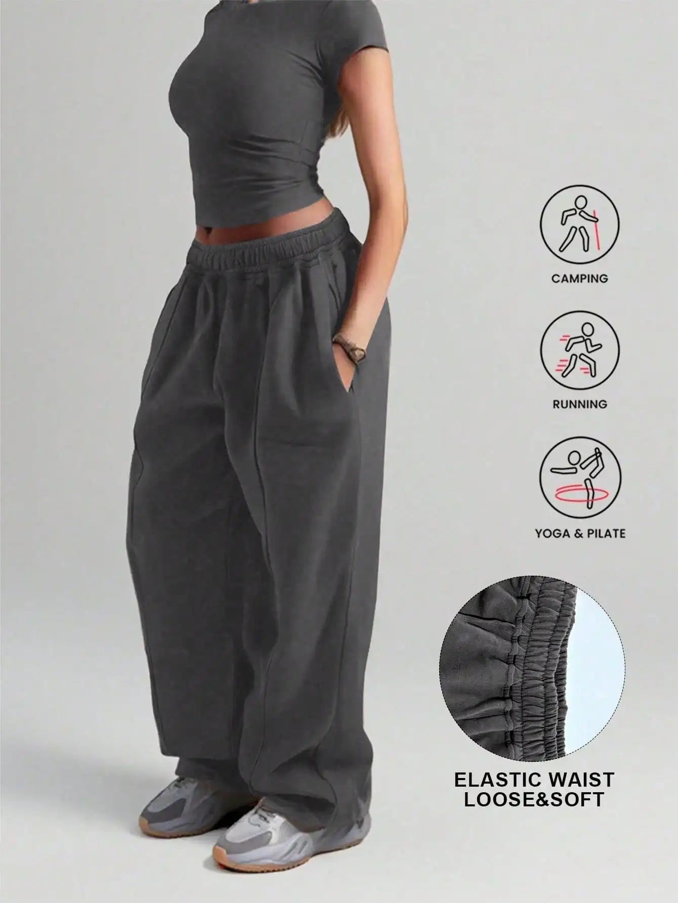 Plus Size New Women‘s Fashion Fitness Sweatpants Wide Leg Straight Ladies Casual High Waisted Solid Color Sports Pants