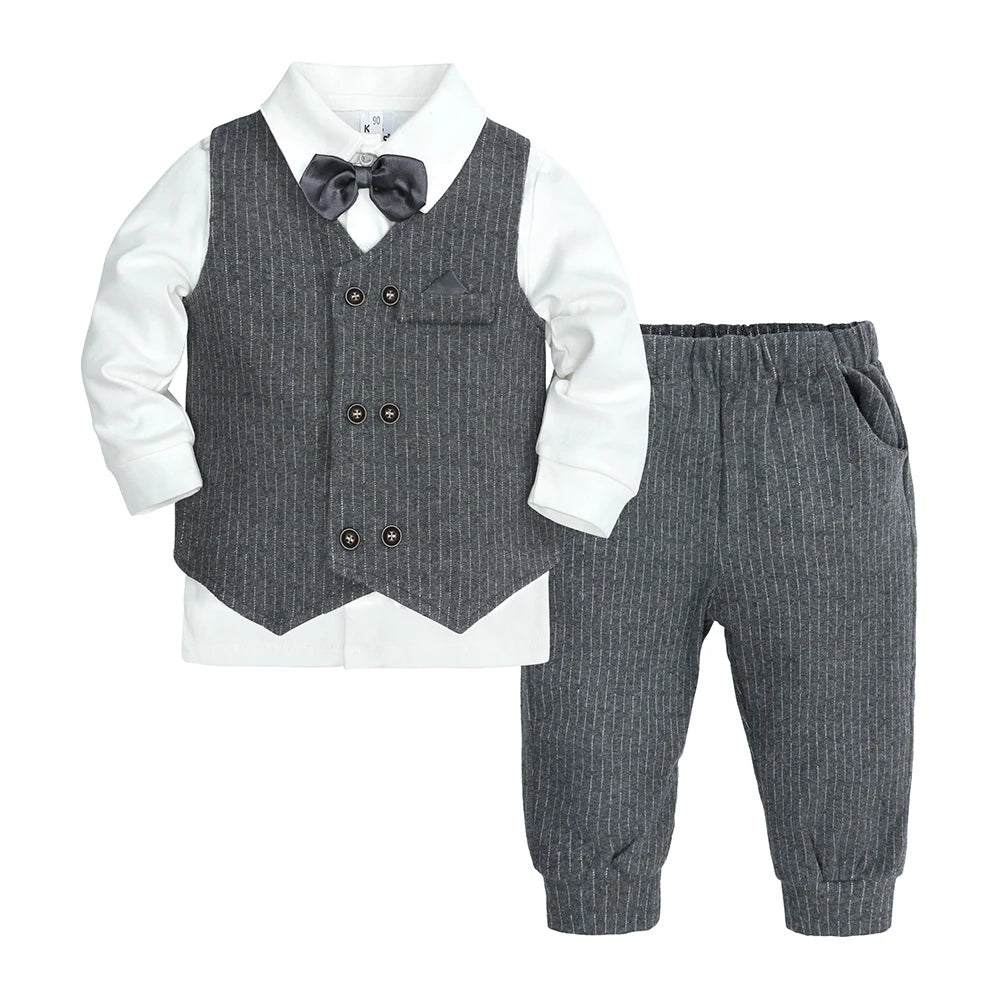2026 Baby Boy Gentleman Suit Toddler Bow Tie White Shirt Vest+Pants Stripe Sets 3Pcs Formal Birthday Wedding Kids Party Clothes
