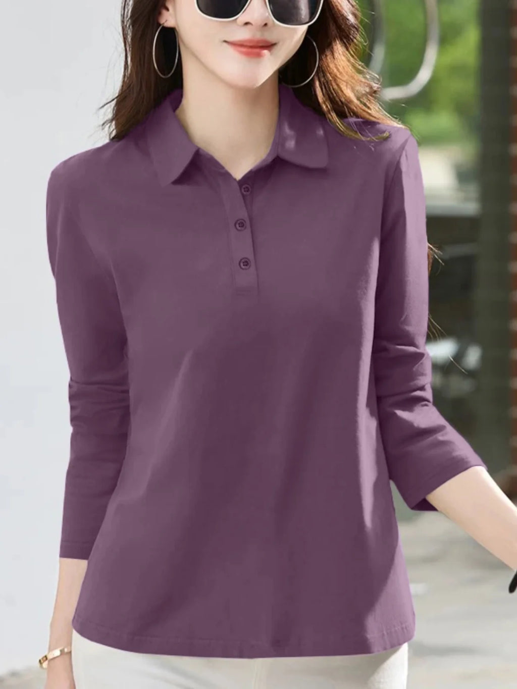 Women's  irt Long Sve T-irt Pure Cotton Loose Fit Autumn New Sle Versatile Turn-down Collar Base Top