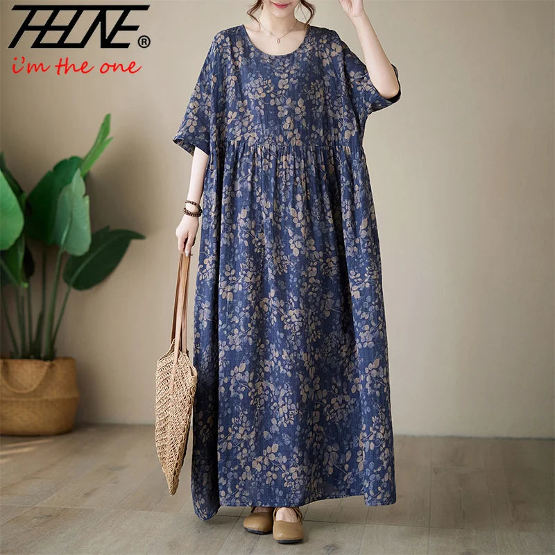 THHONE Vestidos Para Mujer Bohemian Print Maxi Long Dress for Women 2024 Floral Casual Cotton Linen Loose Vintage Robe Dresses
