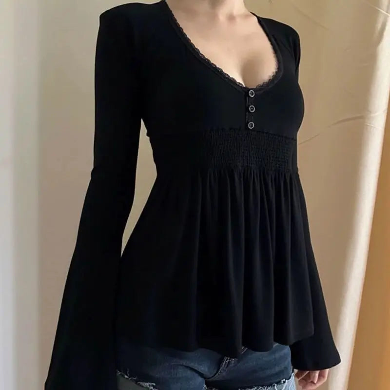 Japanese Y2K Fashion Top Long Sleeve Lace Trim Square Neck Blouse Women Casual American Retro 2000s Chic Tee Summer Streetwear