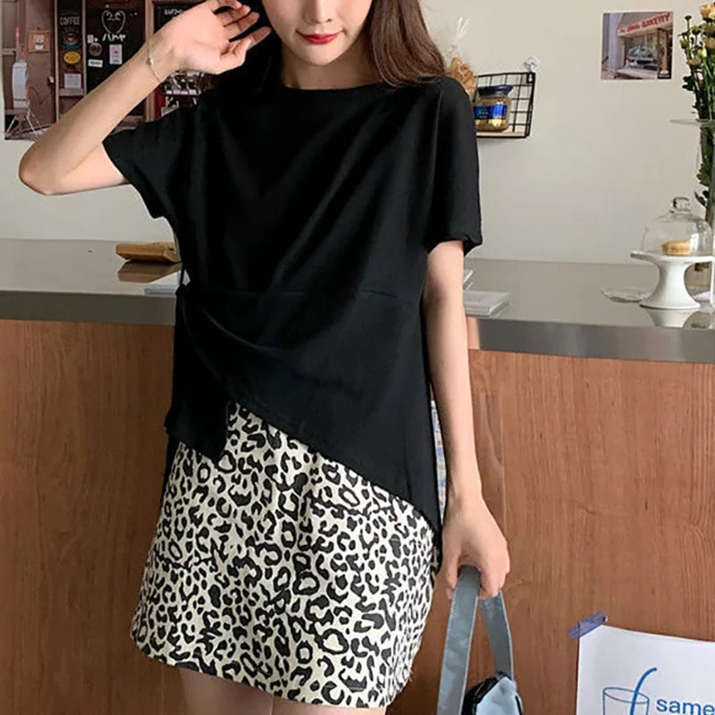 Summer New Women's round Neck Short Sleeve T-shirt Loose Irregular Pure Color Casual Style Fashionable Top Trendy Ins