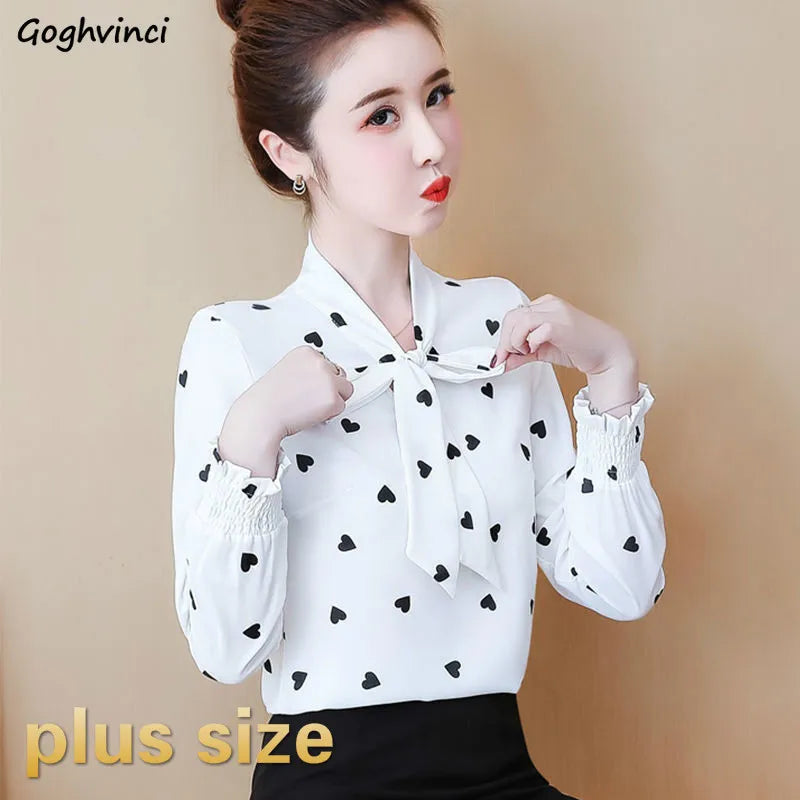 Shirts Women Printed Bow Long Sleeve Korean Style Chic Fashion Office Lady Elegant Vintage Casual Blouses Womens Daily Lovely