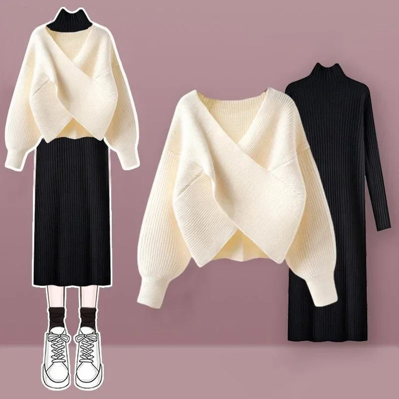 Solid V-neck Sweater Dress Women Autumn Suit Women Korean New Fashion Red Sweater Mid-length Knitted Skirt Two-piece Set