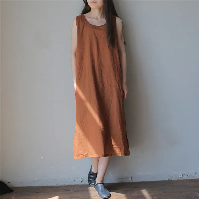 Johnature 2025 Summer 5 Colors Vintage Loose Dress Women Sleeveless Solid Color O-neck Thin Simple Render Comfortable Dress New