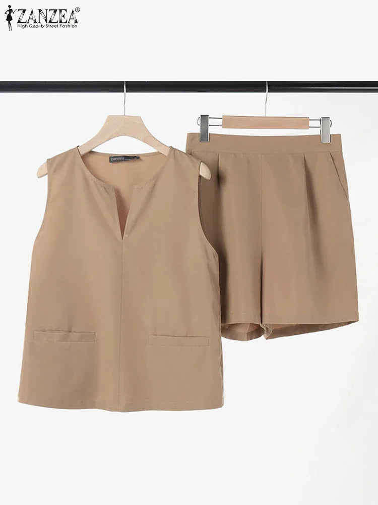 ZANZEA Casual Loose Sleeveless Tank and Shorts Women Summer 2pcs Short Sets Fashion Solid Tracksuit Sexy Pocket Matching Suits