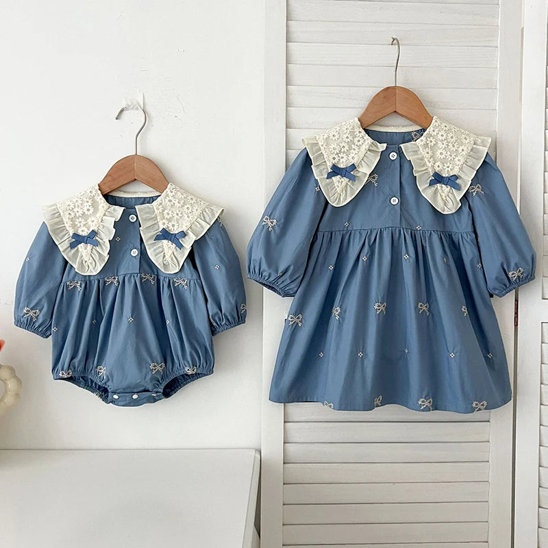 2024 New Autumn Sister Clothes Baby Girl Romper Kids Princess Dresses Long Sleeved Cotton Embroidery 2-6Yrs Girl Party Dress