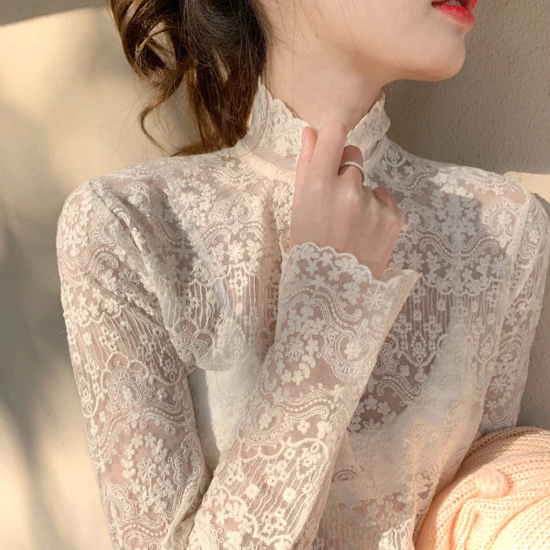 Elegant Long Sleeve Lace Base Shirt Women's Fashionable Inner Wear Premium Quality Comfortable Viscose Fabric Korean Style