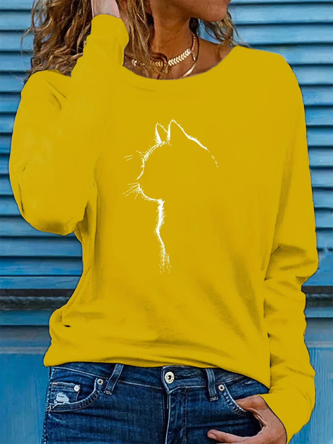 100% pure cotton women's spring and autumn comfortable casual long sleeved cat graphic printed round neck T-shirt