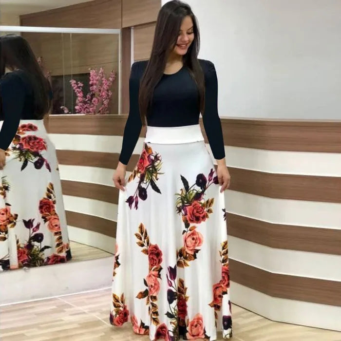 Wish Best Selling Floral Print Color Block Long Sleeve Dress Women's Maxi Dress round Neck Other Material 100% Summer 2020