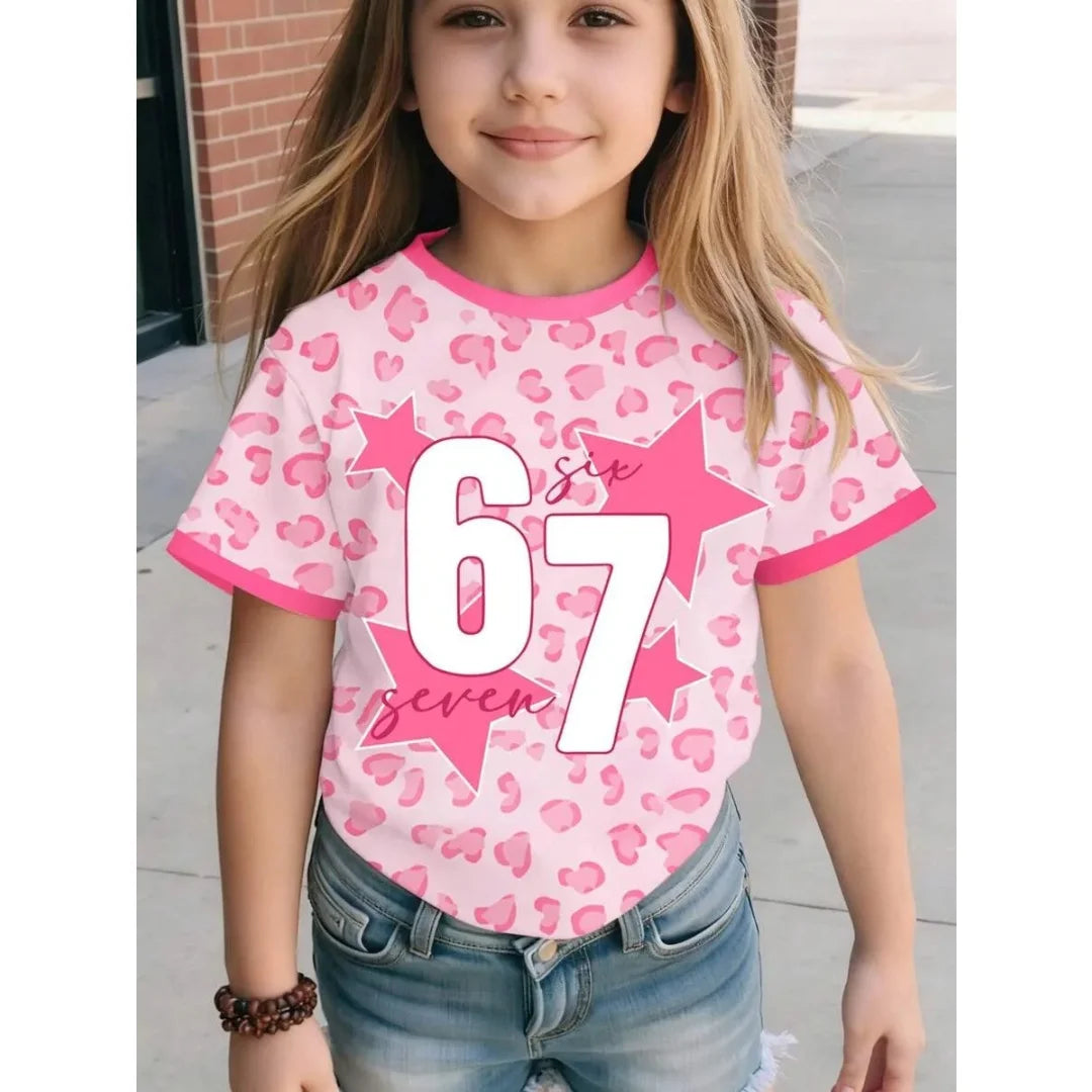 Children's 67 Christmas Elf Print Girls Short Sleeve Round Neck Tee Parties Casual Wear Comfort Children Clothes Girl Clothing