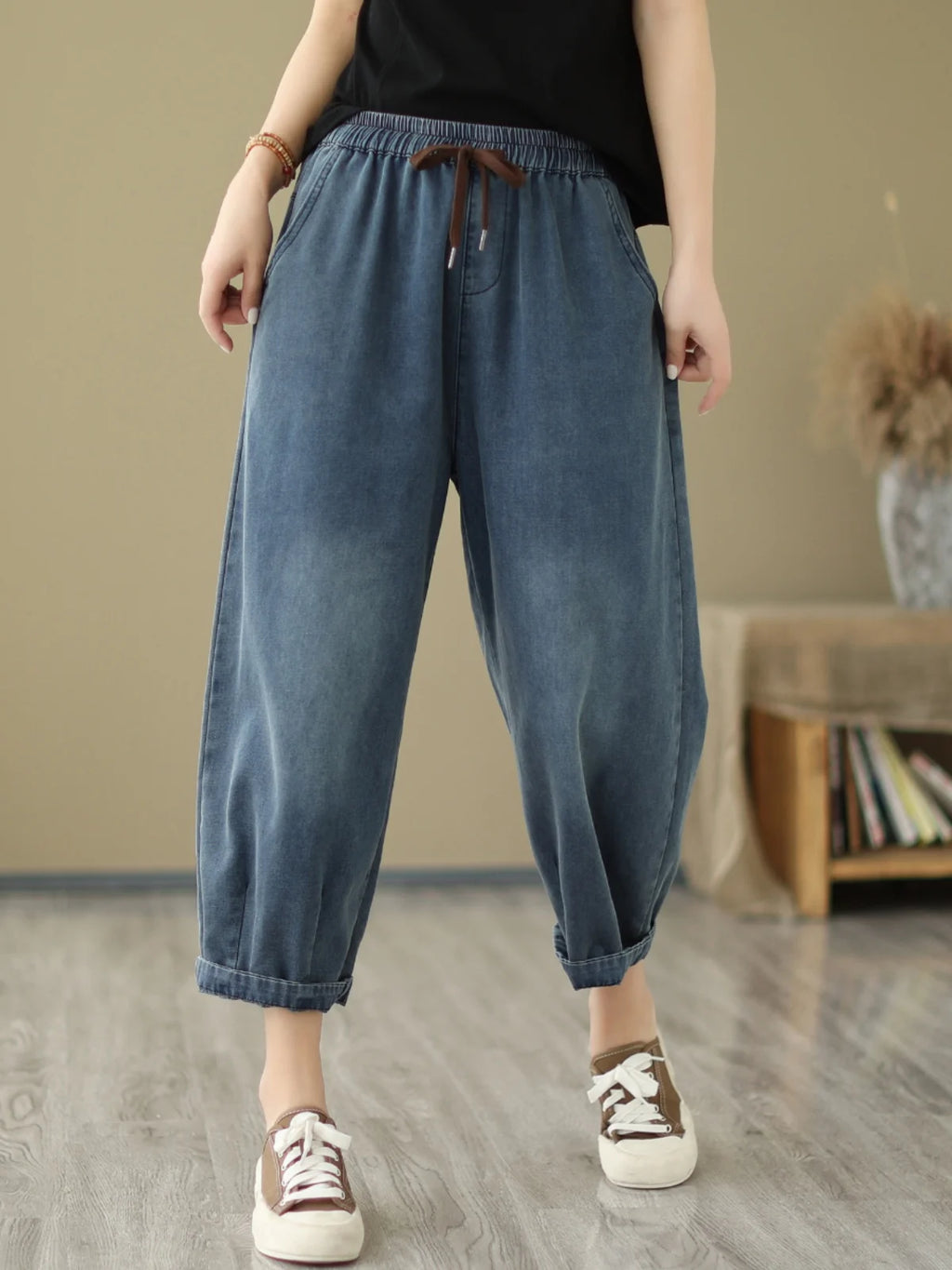 High Waist Straight Leg Jeans Women's Loose Casual Nine-Tenths Harlan Pants Elastic Waist Vintage Style Summer Thin Jeans
