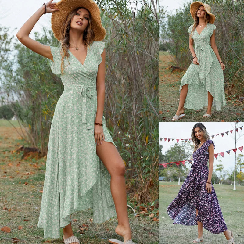 Women's Bohemian V Neck Tie Front Belted A-Line Swing Dress Beach Vacation Summer 2026 New