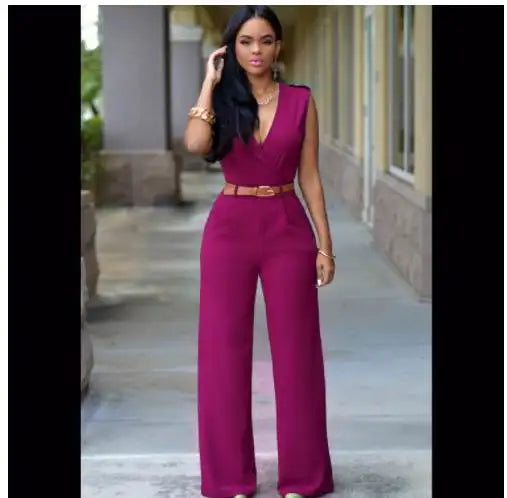 Summer Women's Jumpsuit Wide Leg Pants V-Neck One-Piece Suit with Belt Casual Fashionable Ladies' All-In-One Clothing
