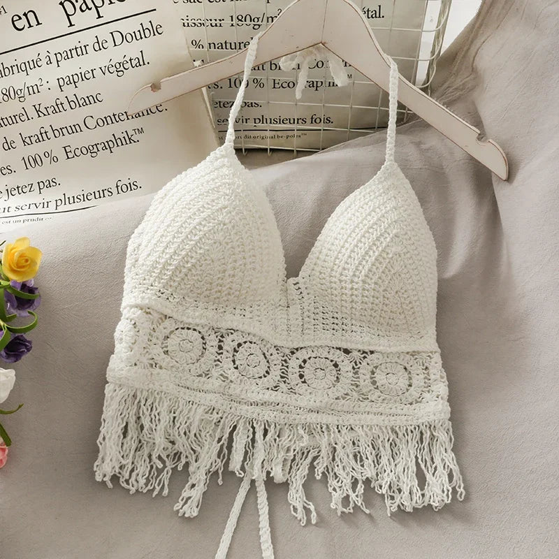 Crop Tops Retro Wild Hollow Perspective Tassel Sexy Spaghetti Strap Tanke Top Women Built In Bra 2021 New Back Lace Halter Neck
