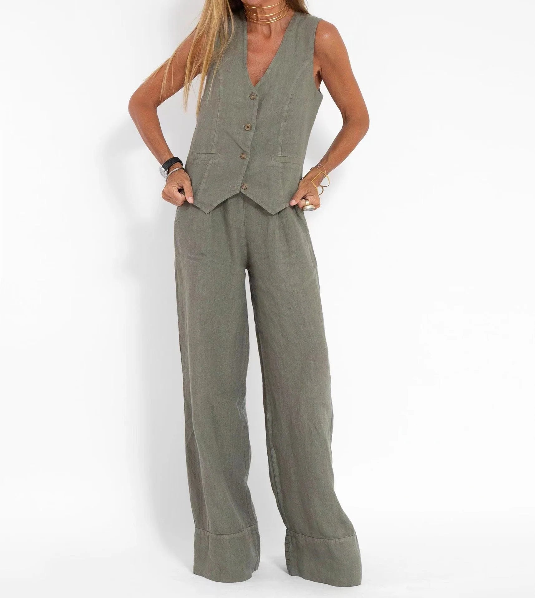 Fashion Patchwork Cotton Linen Vest Pants Casual Suit Women's High Waist Long Pants V-Neck Sleeveless Summer Outfit Set