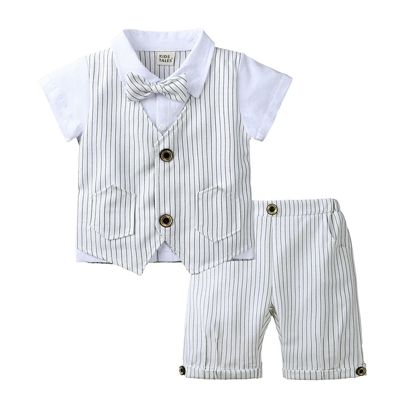2026 Baby Boy Gentleman Suit Toddler Bow Tie White Shirt Vest+Pants Stripe Sets 3Pcs Formal Birthday Wedding Kids Party Clothes