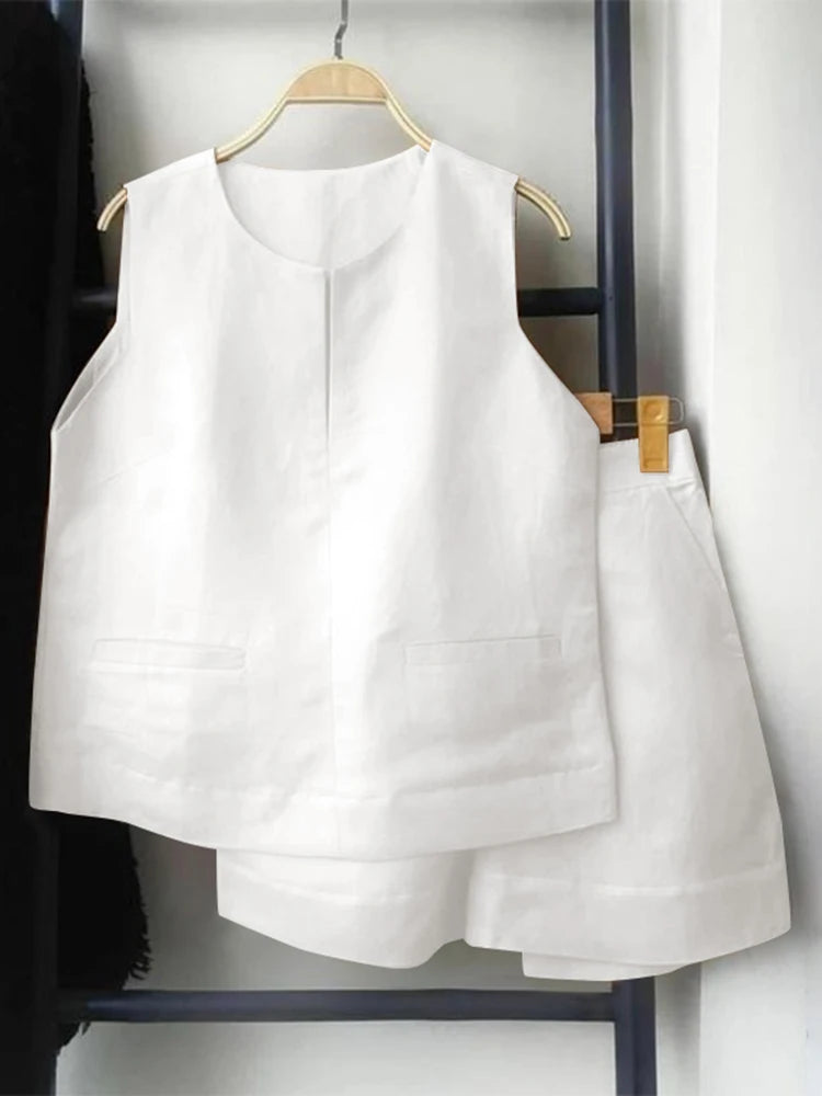 ZANZEA Casual Loose Sleeveless Tank and Shorts Women Summer 2pcs Short Sets Fashion Solid Tracksuit Sexy Pocket Matching Suits