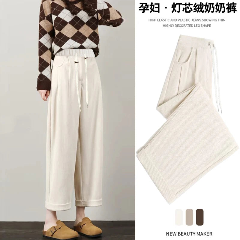 M-4XL Pregnant Women Cotton Fleece Radish Pants Autumn Ankle-length Maternity Corduroy Trousers High Waist Pregnancy Sweatpants