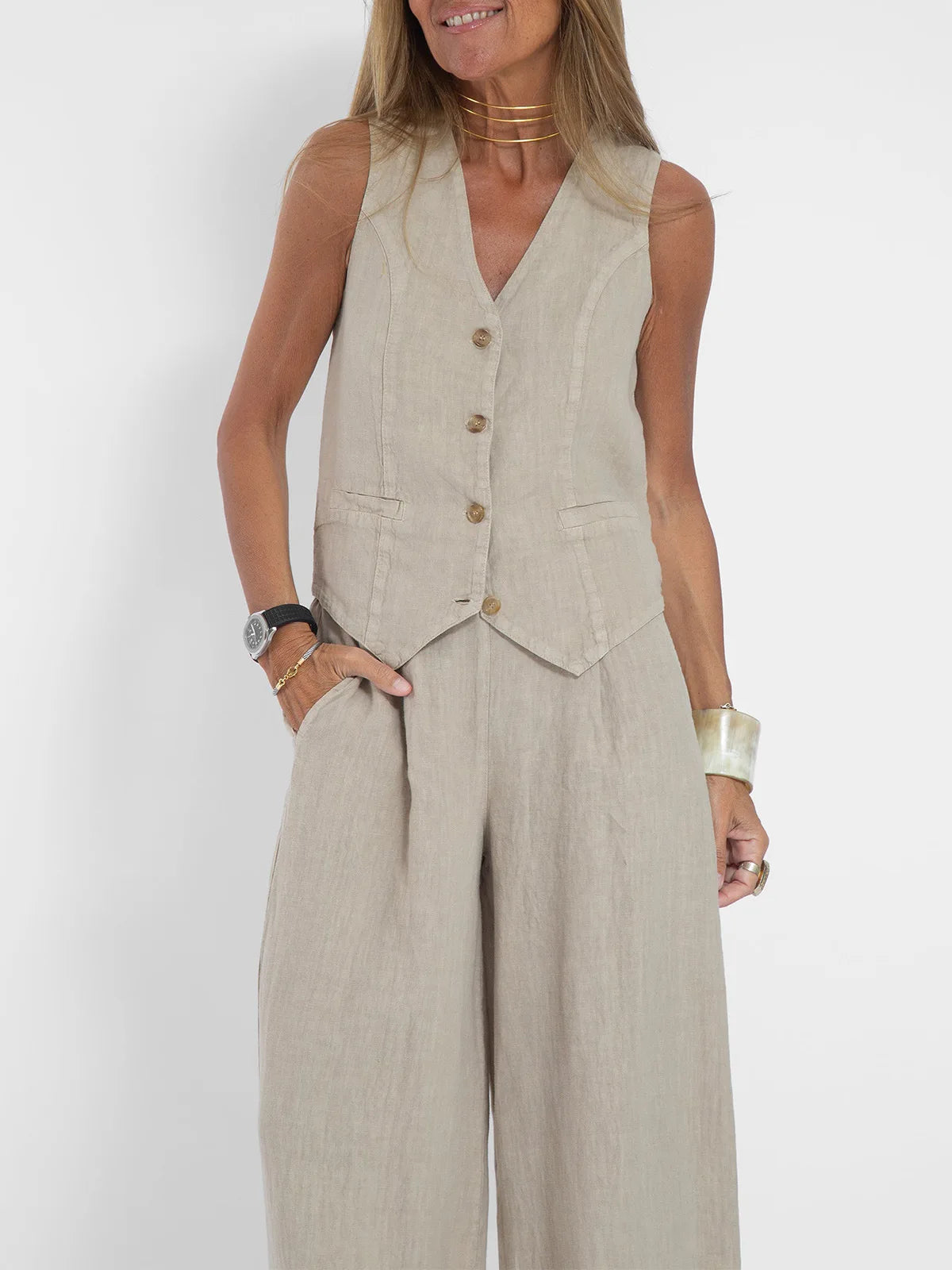 Fashionable Patchwork Cotton Linen Vest Wide Leg Pants Two Piece Set 2025 Spring Commute Style  Color Women's Suit