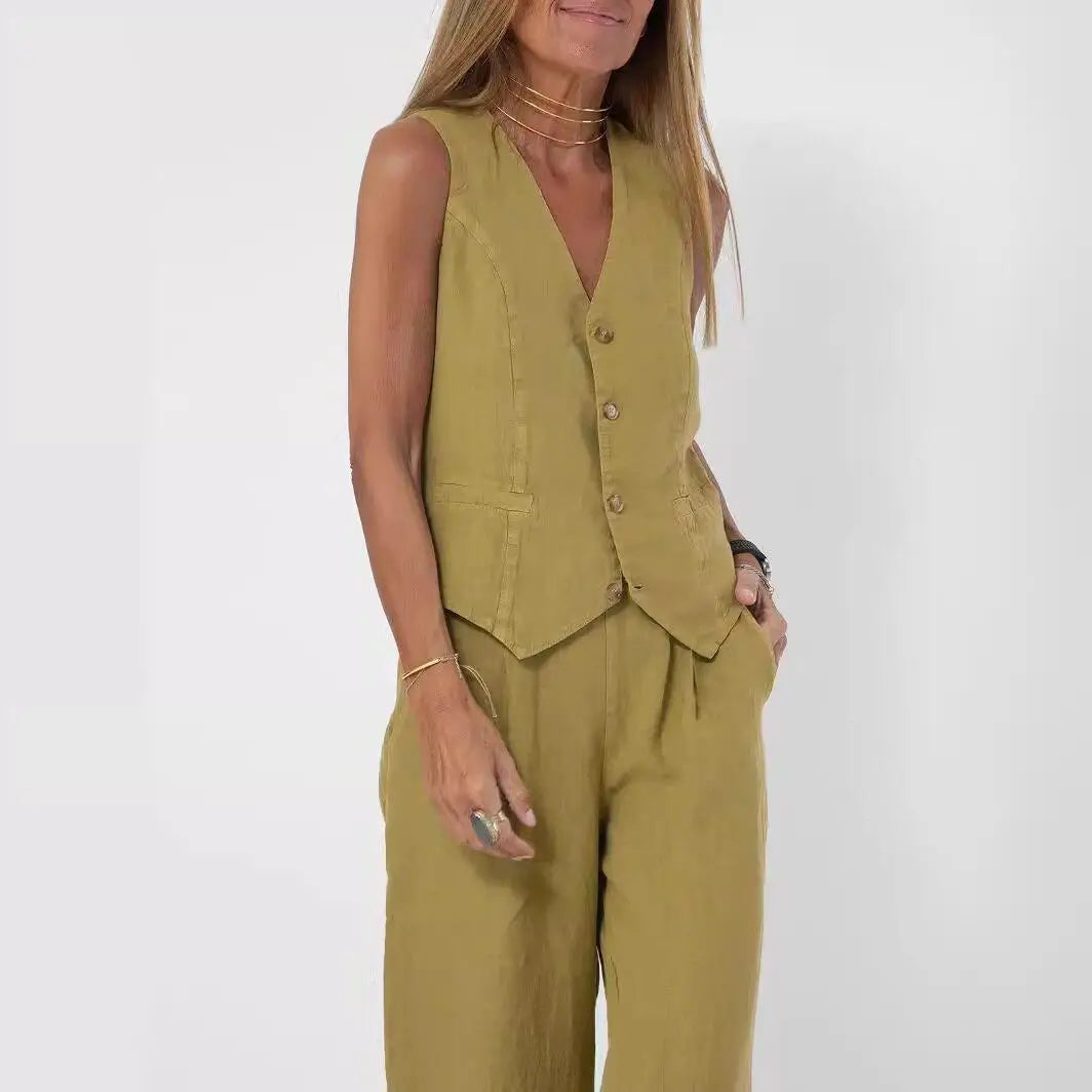 Fashionable Patchwork Cotton Linen Vest Wide Leg Pants Two Piece Set 2025 Spring Commute Style  Color Women's Suit