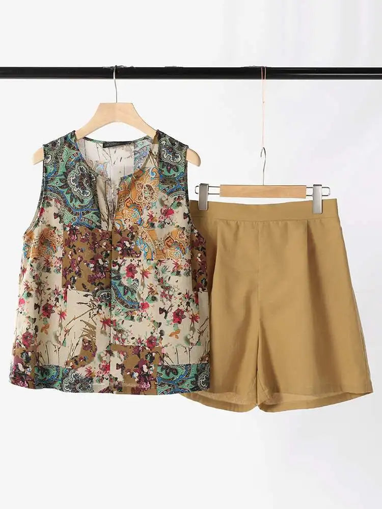ZANZEA Casual Loose Sleeveless Tank and Shorts Women Summer 2pcs Short Sets Fashion Solid Tracksuit Sexy Pocket Matching Suits