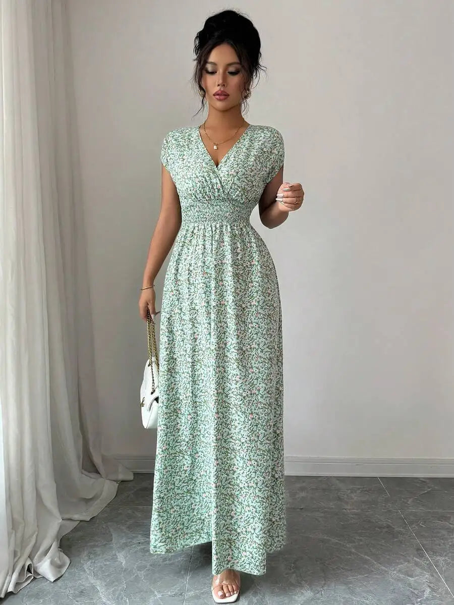 2026 Summer Women Emerald Green Big Floral Print Maxi Dress, Elegant Deep V Neck Shirred Waist Long Dress Dating, Party, Evening