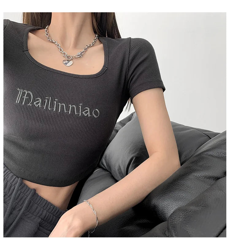 Tshirts Superior Quality spring/summer Letters Embroidery Short Sleeve Tall Waist Fashion Ladies Tops Dropshipping WYP6723