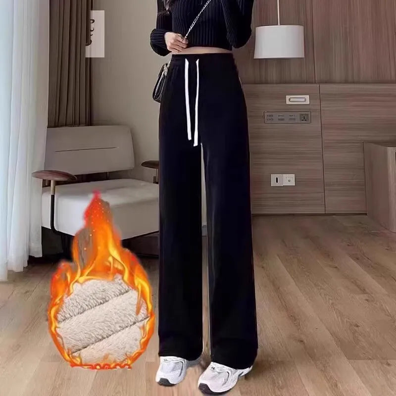 Thickened Fleece Wide Leg Pants Women's Casual Straight Cut Velvet Slimming Versatile Autumn Winter Fashion High Waist Trousers
