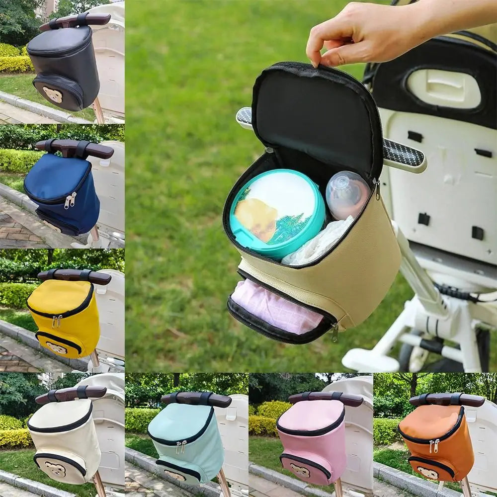 Portable Waterproof Baby Stroller Hanging Bag PU Leather Cartoon Bear Umbrella Cart Bags Large Capacity Storage Bag