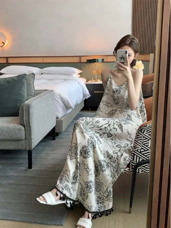 Retro Gradient Print Halter Dress Women's Fashion Design Summer Slim Fit Long Skirt  Dress Korean Style Commute Wear