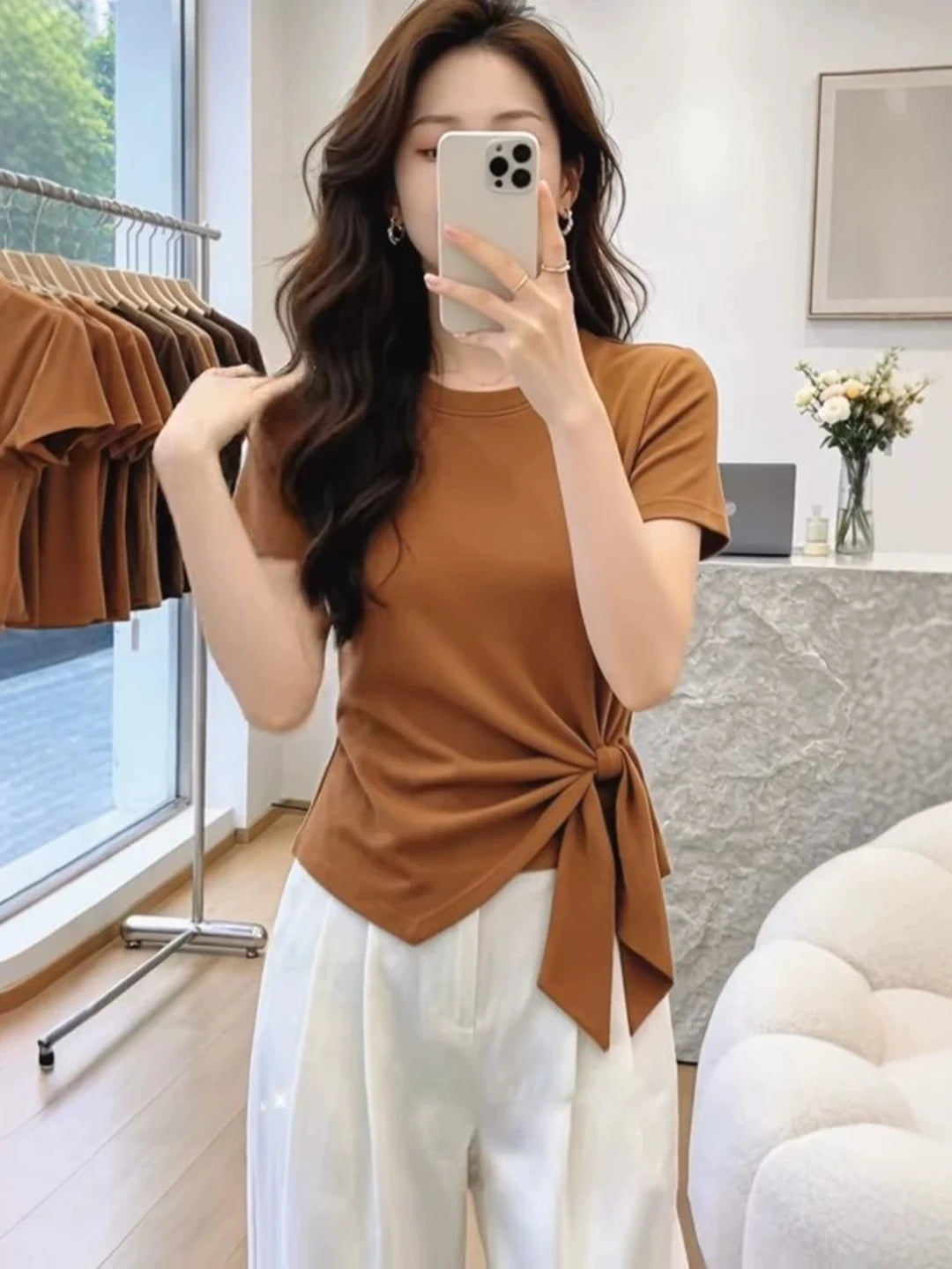 Pure Cotton Short Sleeve T-Shirt Women's Summer plus Size Slim Fit Irregular Belt Design Korean Style round Neck Top
