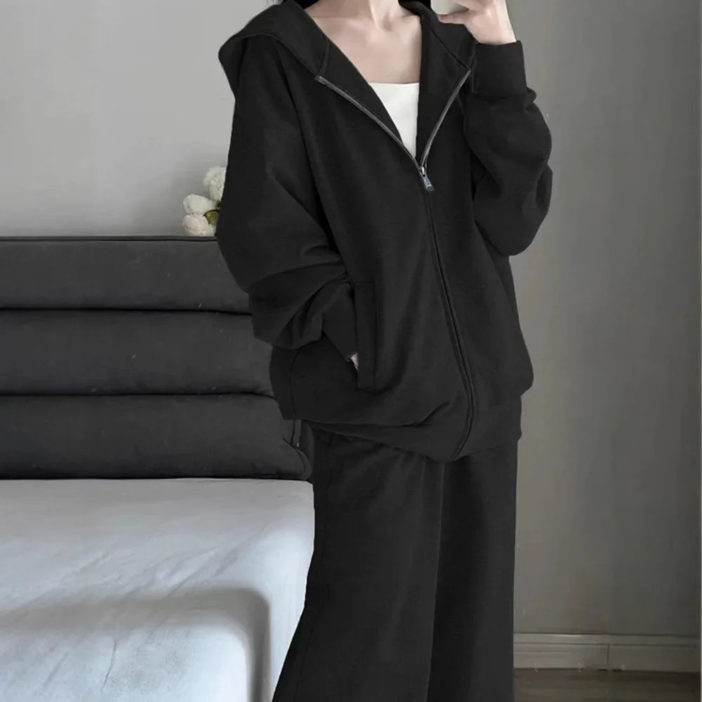 Grey Loose Women's Sportswear Set Autumn Winter Casual Wide Leg Pants Hoodie Two Piece Suit Comfortable Fashion Outfit