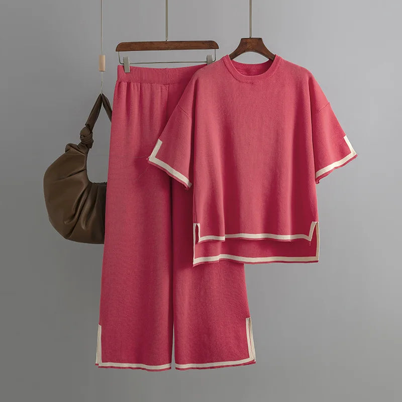 Women Two Piece Set Knit Sweater Suit Short Sleeve Round Neck Tops Loose Wide Leg Pants Solid Splice Midi Waist Casual
