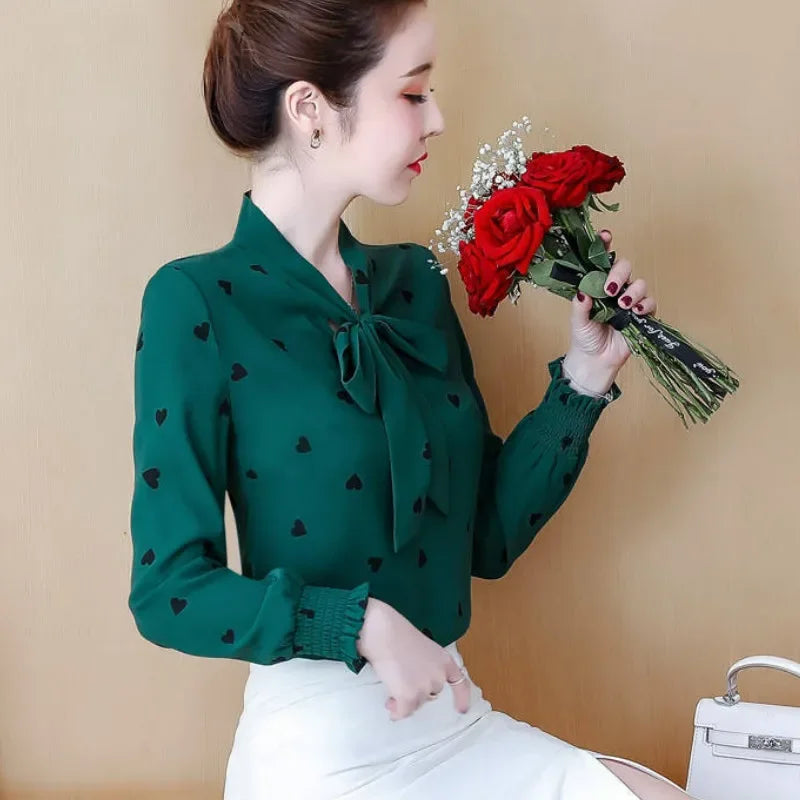 Shirts Women Printed Bow Long Sleeve Korean Style Chic Fashion Office Lady Elegant Vintage Casual Blouses Womens Daily Lovely