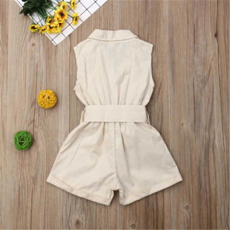 1-6years Baby Girl Sleeveless Romper Solid Navy Blue Beige Green Button Shorts With Belt Jumpsuit For Infant Girl Casual Overall