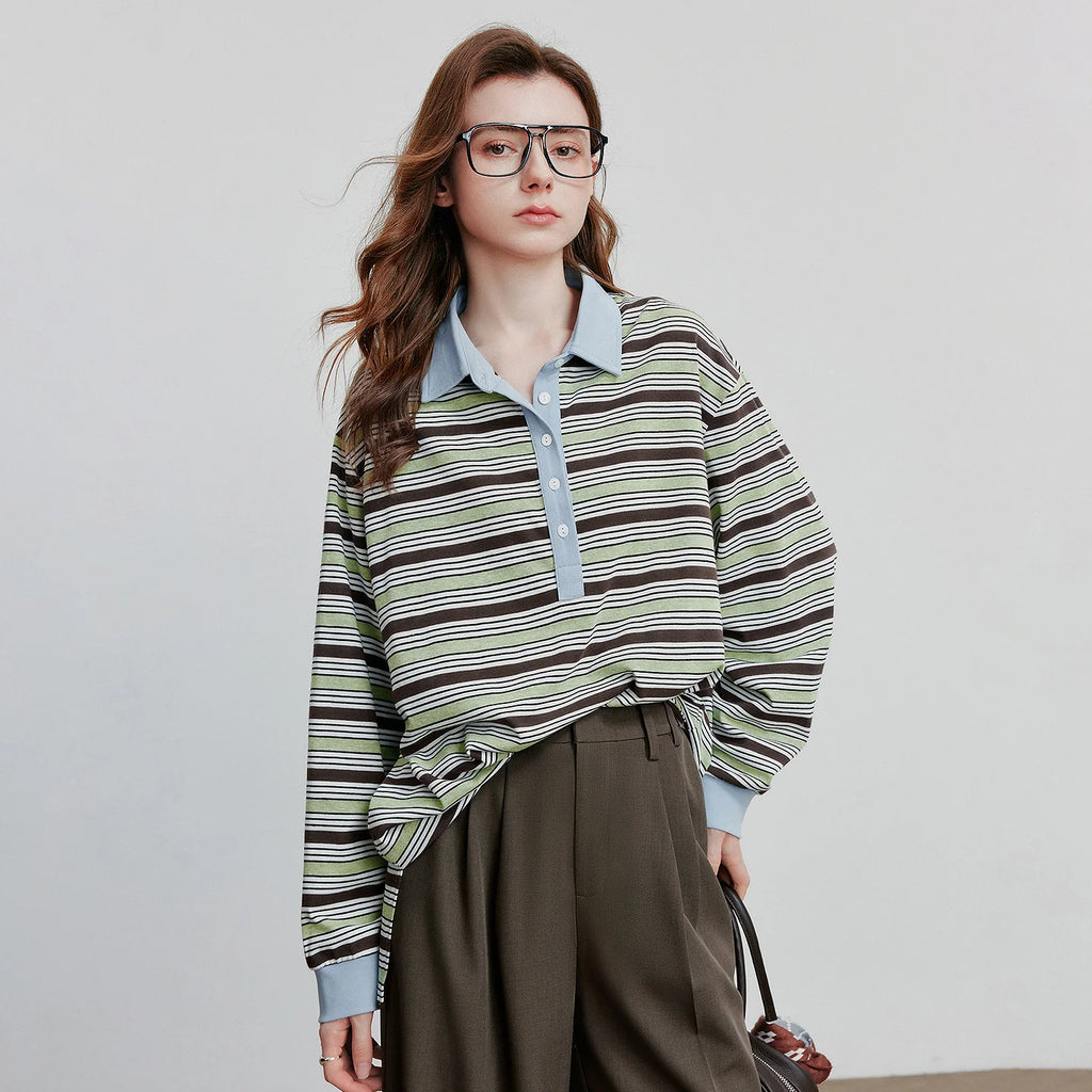 TOYOUTH Women Long Sleeve T-shirt 2025 Autumn New Striped Turn Down Collar Contrasting Casual Pullover Tops