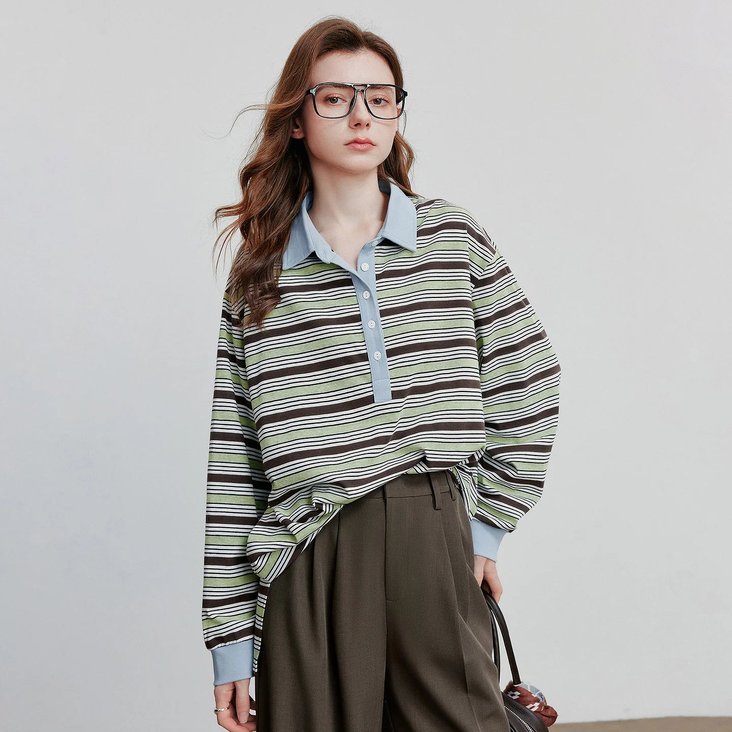 TOYOUTH Women Long Sleeve T-shirt 2025 Autumn New Striped Turn Down Collar Contrasting Casual Pullover Tops