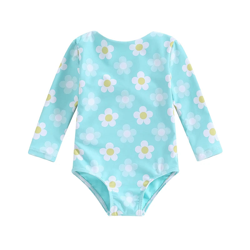 0-4Y Baby Girls Long Sleeve Swimwear Floral Print Back Cut Out Knot Swimsuits Toddler Bathing Suits Beachwear Kids Bikini