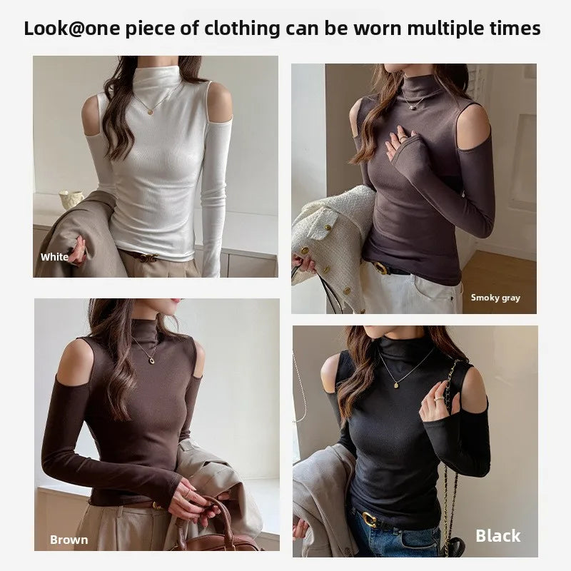 2025 TikTok Trendy Lyocell Top Women Long Sleeve Off Shoulder Sexy Semi-Turtleneck Y2K Elegant Casual Wear
