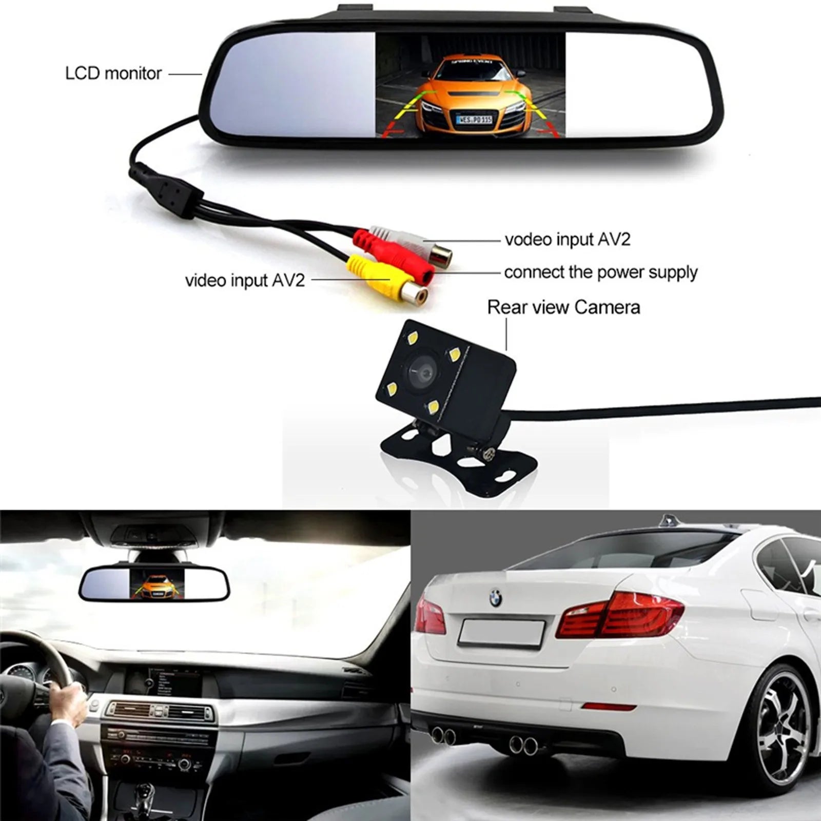 4LEDs Night Vision Waterproof Backup Camera + 4.3" Car Rear View Mirror Monitor