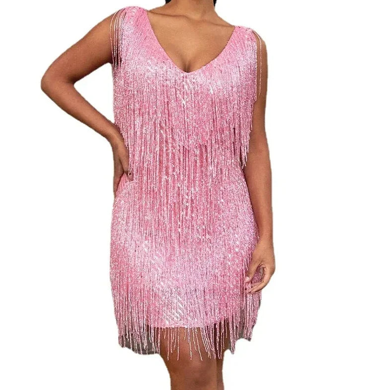 Party Pink Tassel Mini Y2k Dress 2025 Prom New Sexy Women Spaghetti Strap Stitching Dresses Sexy E-girl Elegant Evening Vestidos