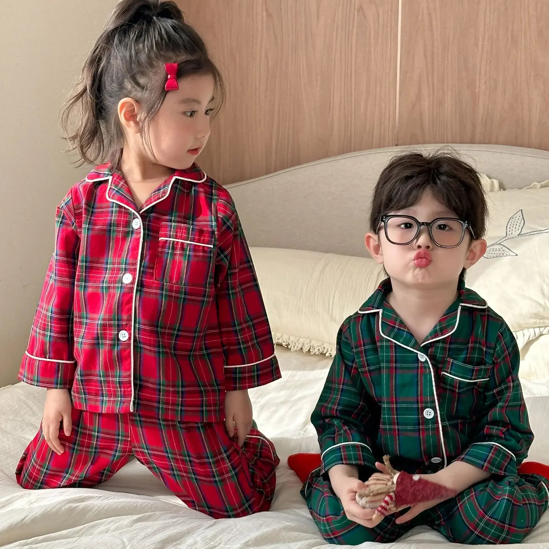 4966 Christmas Children's Pajamas Suit  Autumn Winter Cotton Plaid New Girls Long Sleeve Suit Baby Boy's Home Clothes