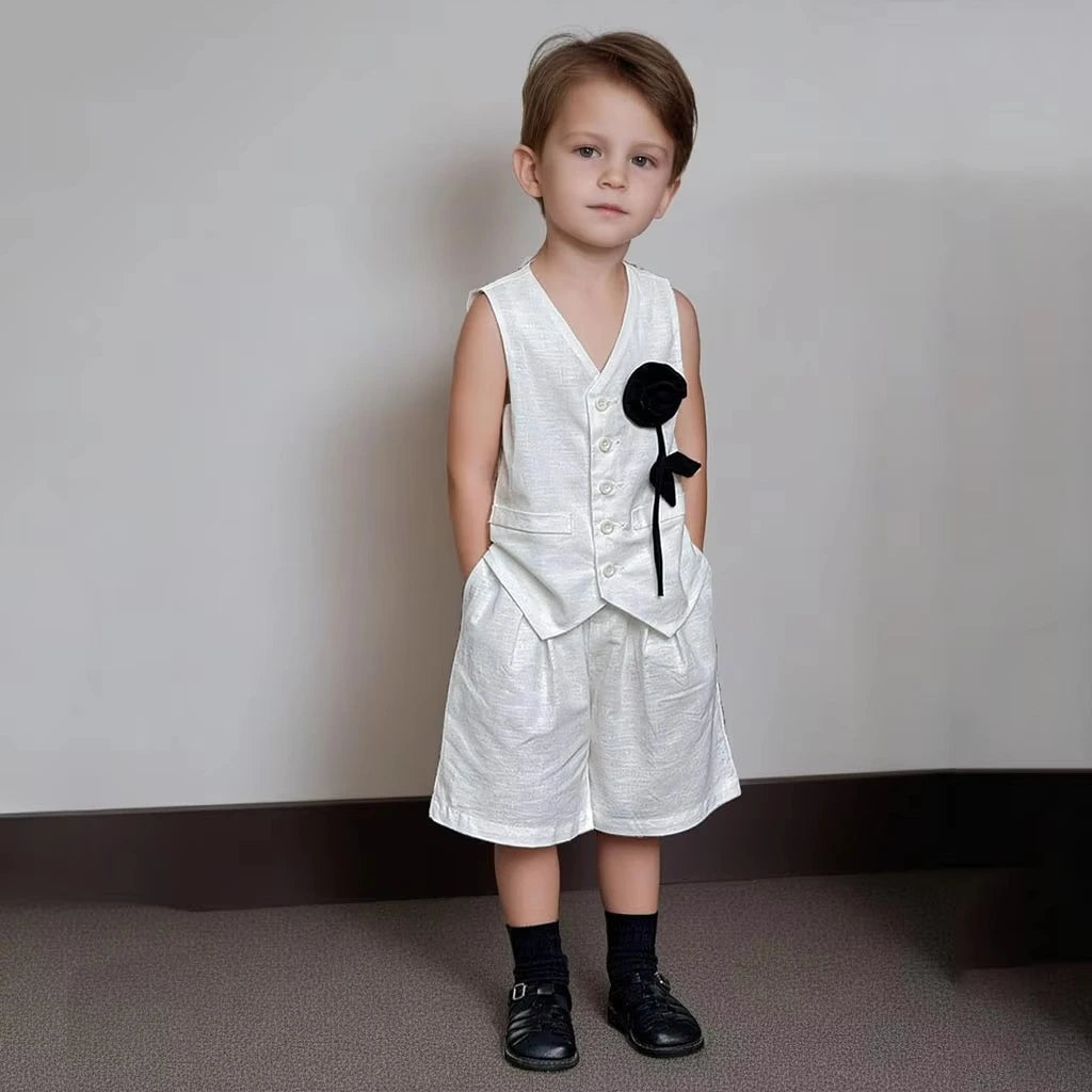 Kids White Vest Set Boys Girls Floral Decor V-Neck Waistcoat Shorts Pants Toddler Summer Formal Party Gentleman Casual Outfit