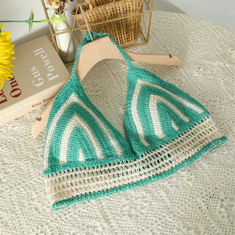 Crop Tops Retro Wild Hollow Perspective Tassel Sexy Spaghetti Strap Tanke Top Women Built In Bra 2021 New Back Lace Halter Neck