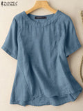 ZANZEA Fashion Solid Tops Summer Short Sleeve O-Neck Cotton Blouse Female Casual Loose Chemise Woman Home Wear Beach Shirts 2023