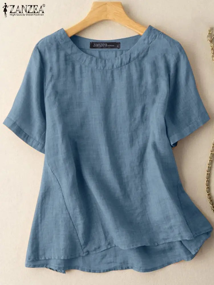 ZANZEA Fashion Solid Tops Summer Short Sleeve O-Neck Cotton Blouse Female Casual Loose Chemise Woman Home Wear Beach Shirts 2023