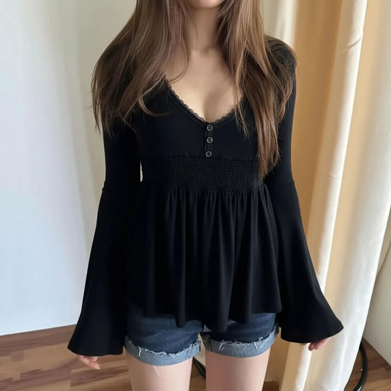 Japanese Y2K Fashion Top Long Sleeve Lace Trim Square Neck Blouse Women Casual American Retro 2000s Chic Tee Summer Streetwear