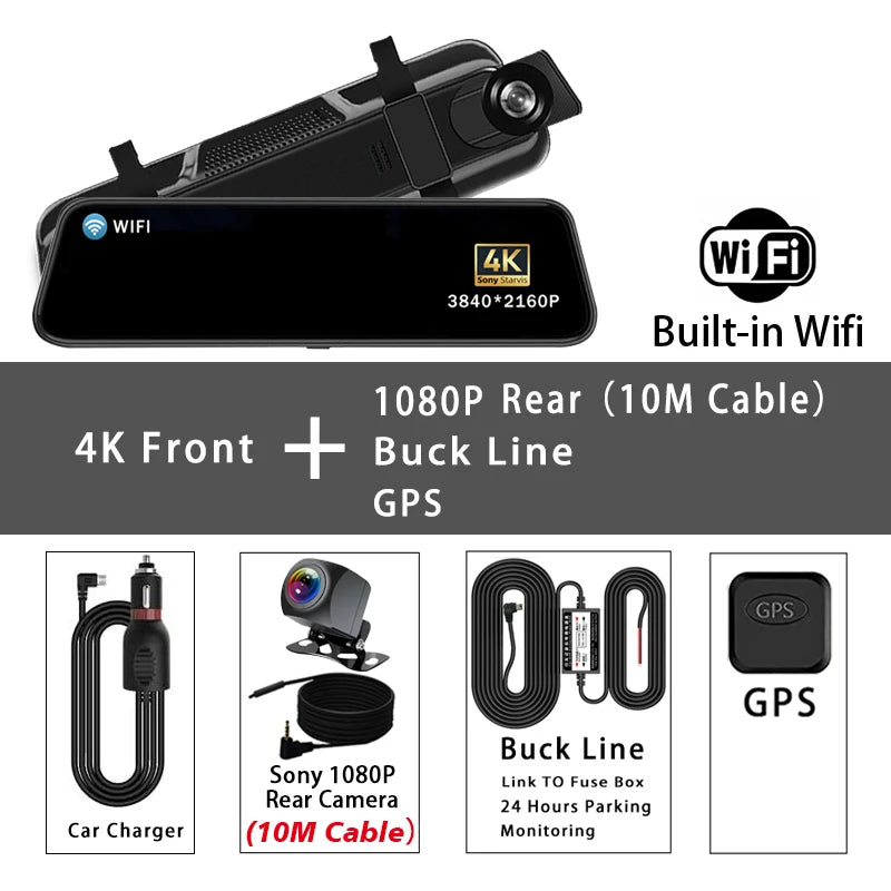 10" Dash Cam 4K 2160P GPS WIFI Car Dvr Mirror Dual Lens Dashcam IPS Screen Car Camera Drive Recorder Stream RearView Mirror